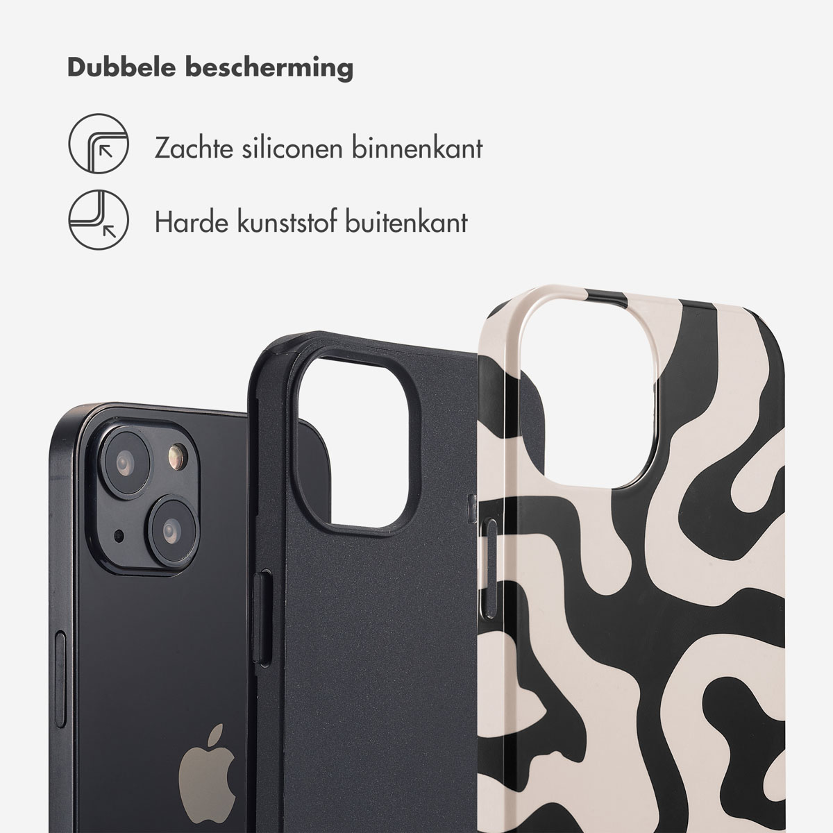 Een zwarte iPhone met dubbele beschermhoes en een patroon.