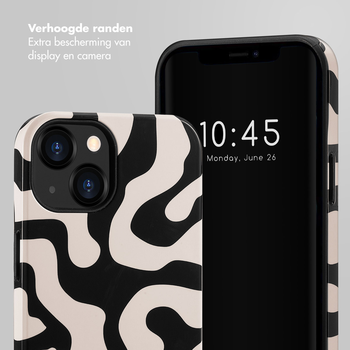 Telefoon met een zwart-witte hoes. Het scherm toont tijd en datum.