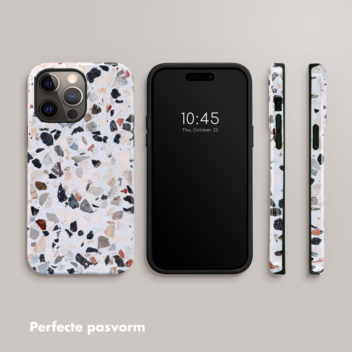 Telefoonhoesje met een terrazzo patroon en een zwarte telefoon.