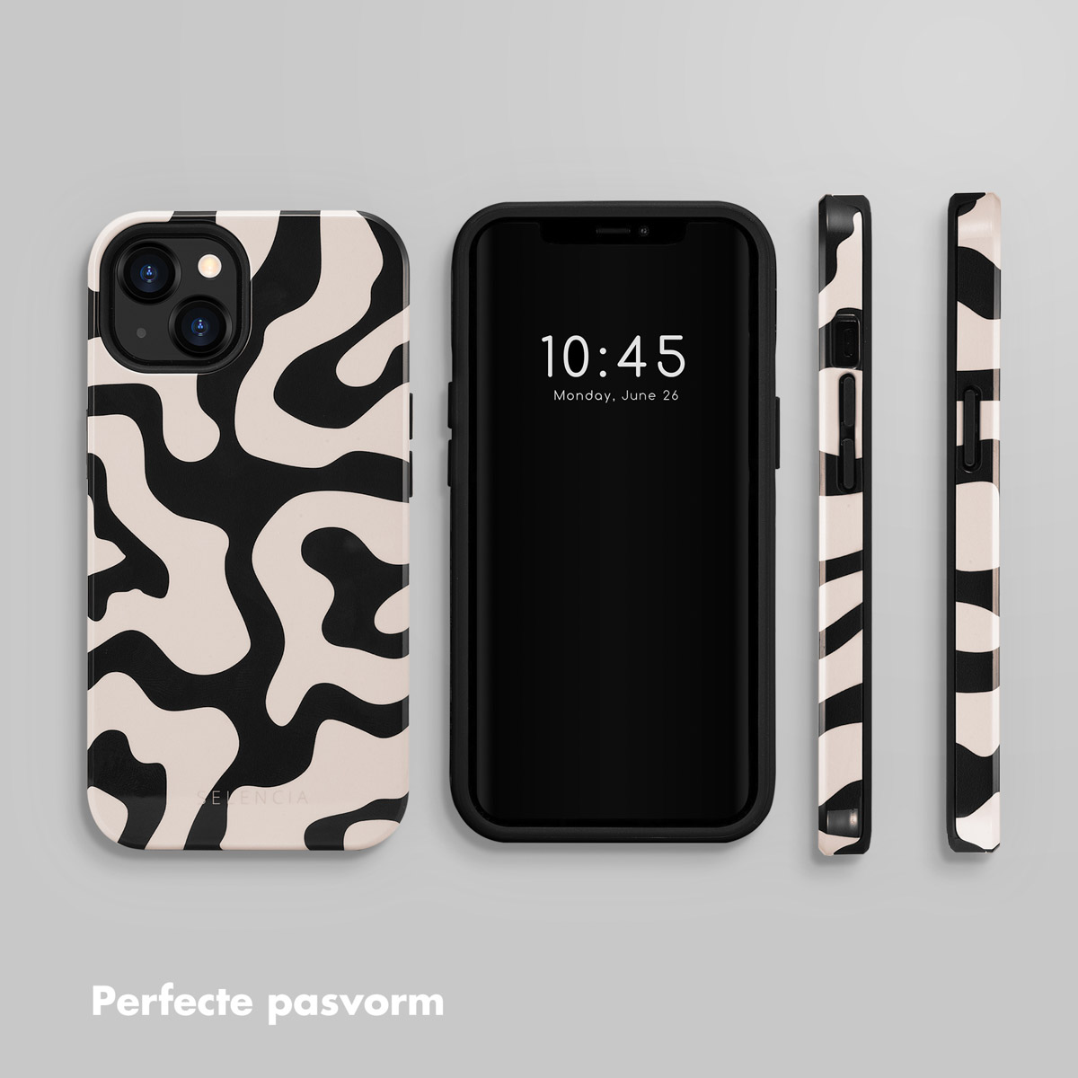 Zwarte en beige telefoonhoes met abstract patroon naast een zwarte smartphone.