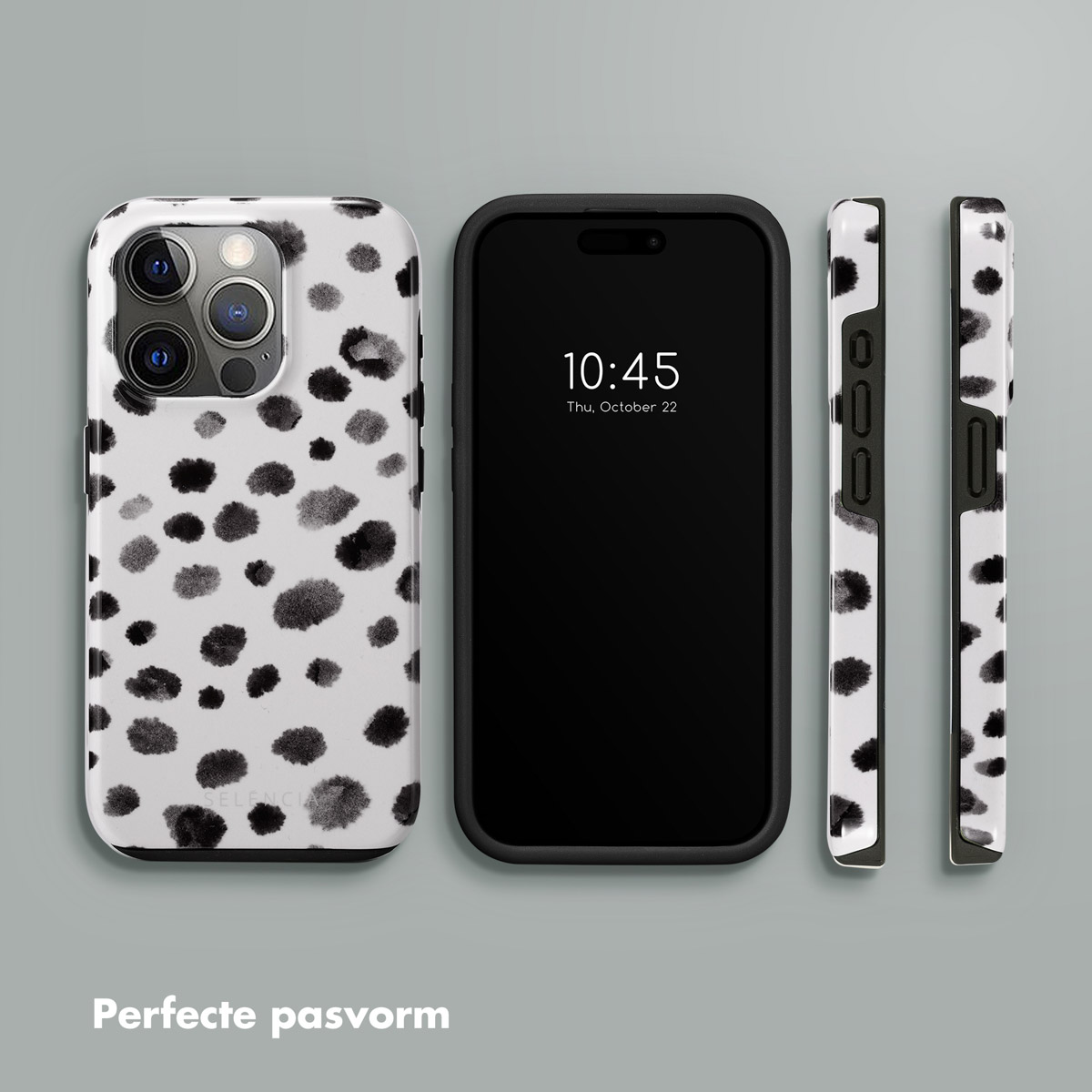 Une coque de téléphone blanche à pois noirs, un téléphone noir et deux vues latérales.
