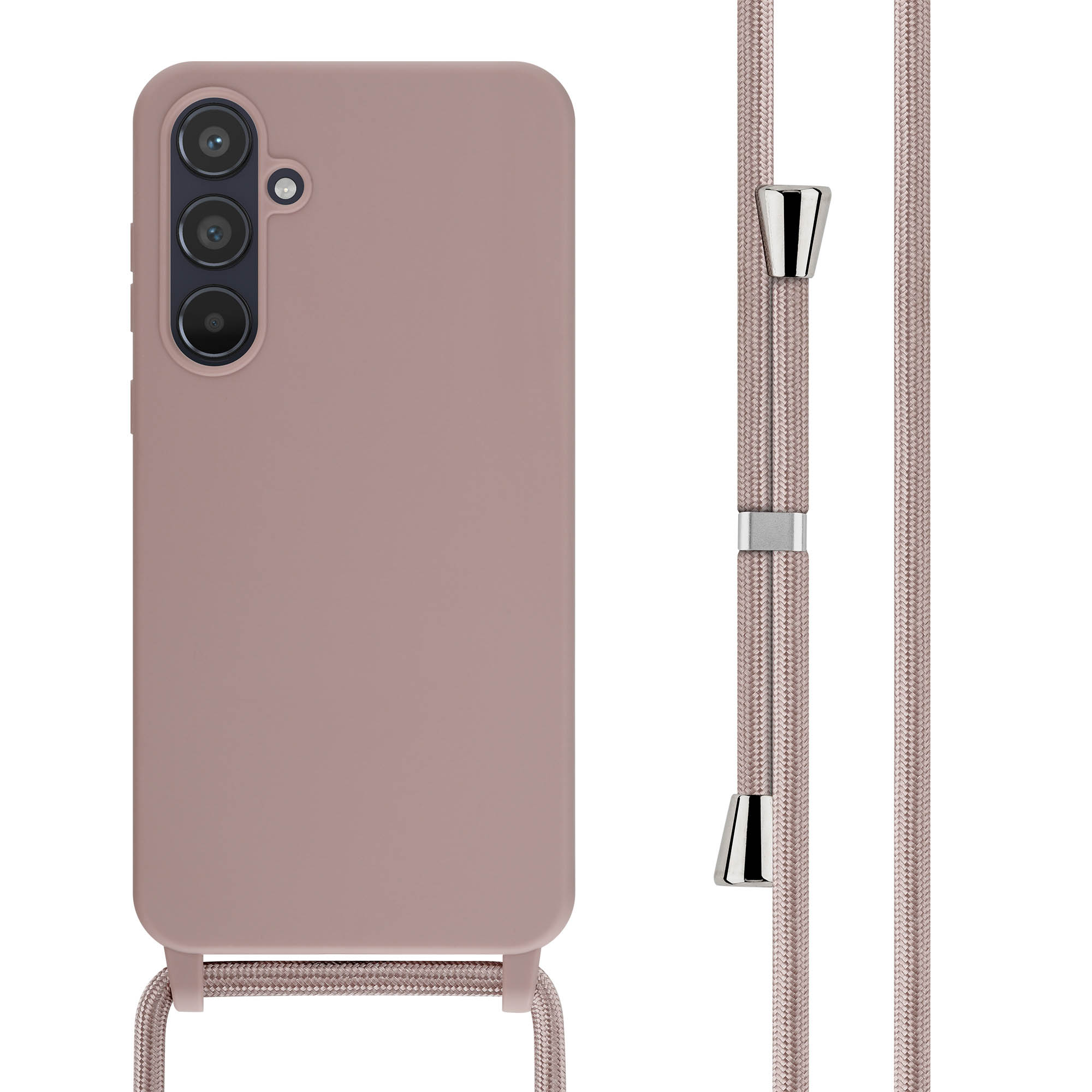 Mauve telefoonhoesje met bijpassend koord. De telefoon heeft drie camera's.