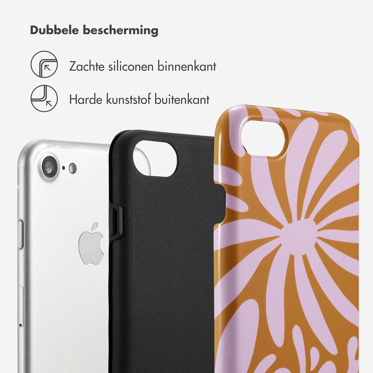 Telefoonhoesje met bloemdesign. Telefoonhoesje gedeeltelijk gedemonteerd, de componenten tonend.