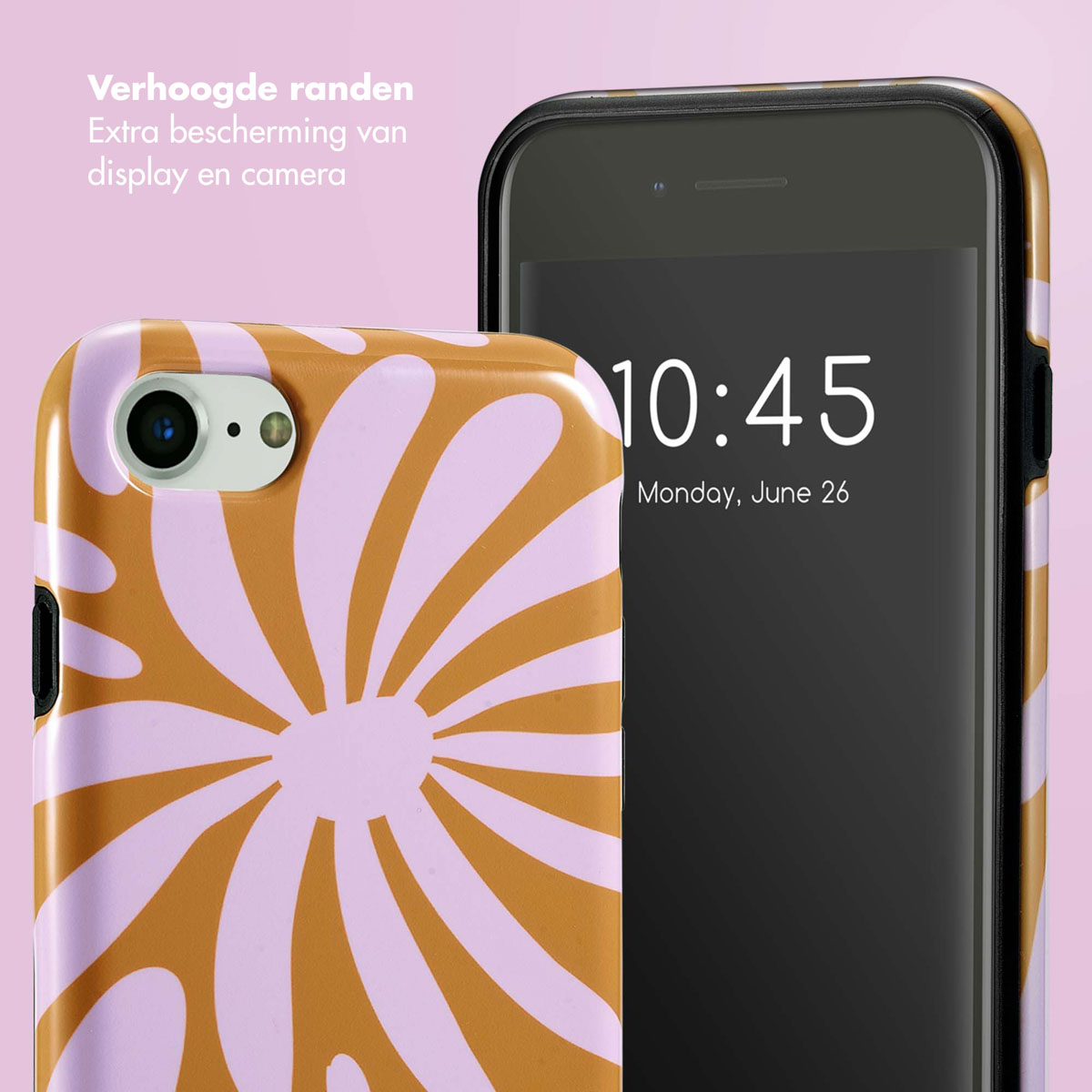 Telefoonhoesje met bloemenpatroon en een telefoon met tijd. De kleuren zijn oranje en roze.