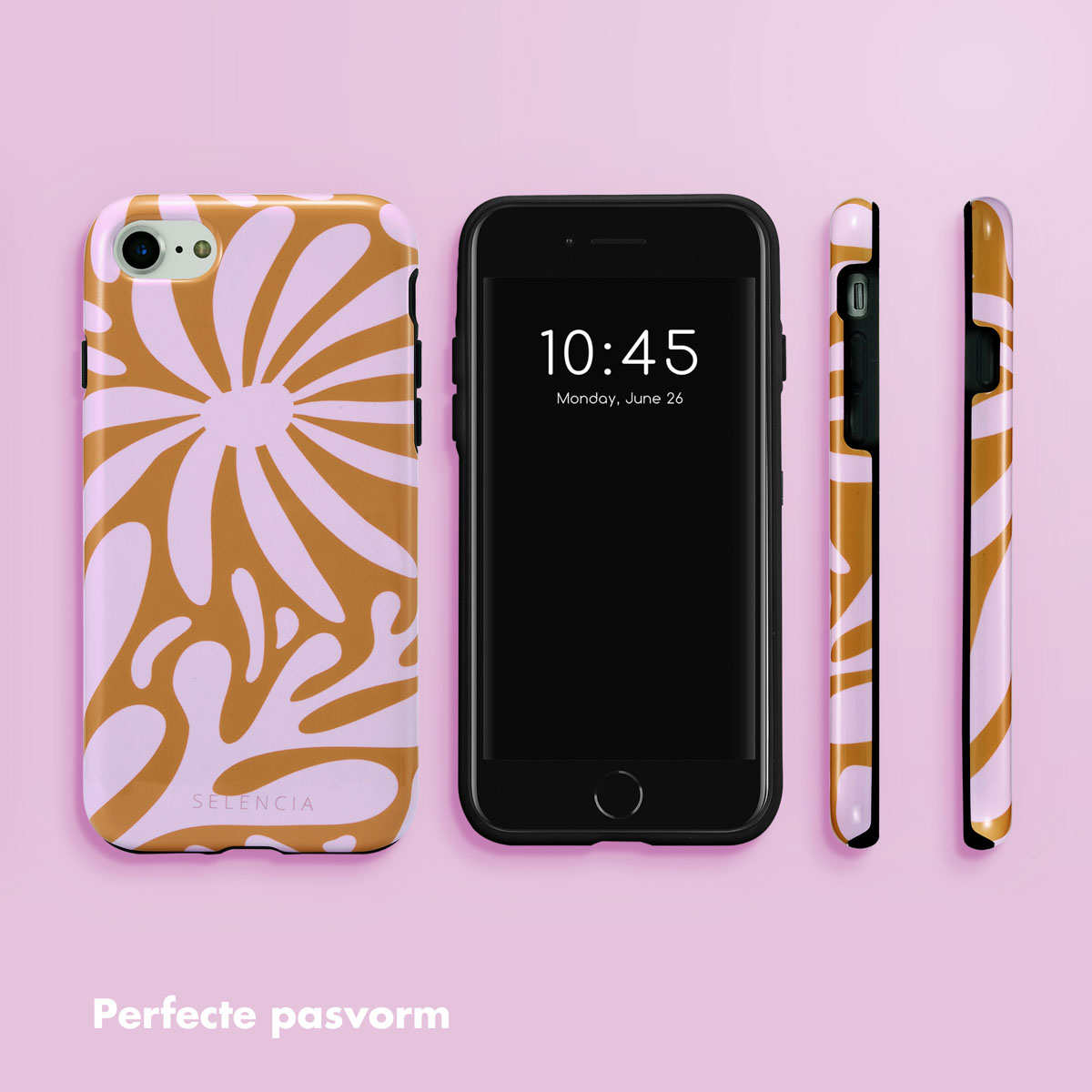 Drie telefoons met een goud-roze bloemenpatroonhoesje. Eén toont tijd en datum. Roze achtergrond.