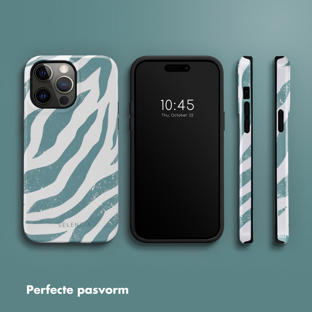 Telefoon met zebraprint hoesje. Tekst: Perfecte pasvorm. Zwarte telefoon in het midden. Tijd: 10:45, do 22 oktober. Selencia.