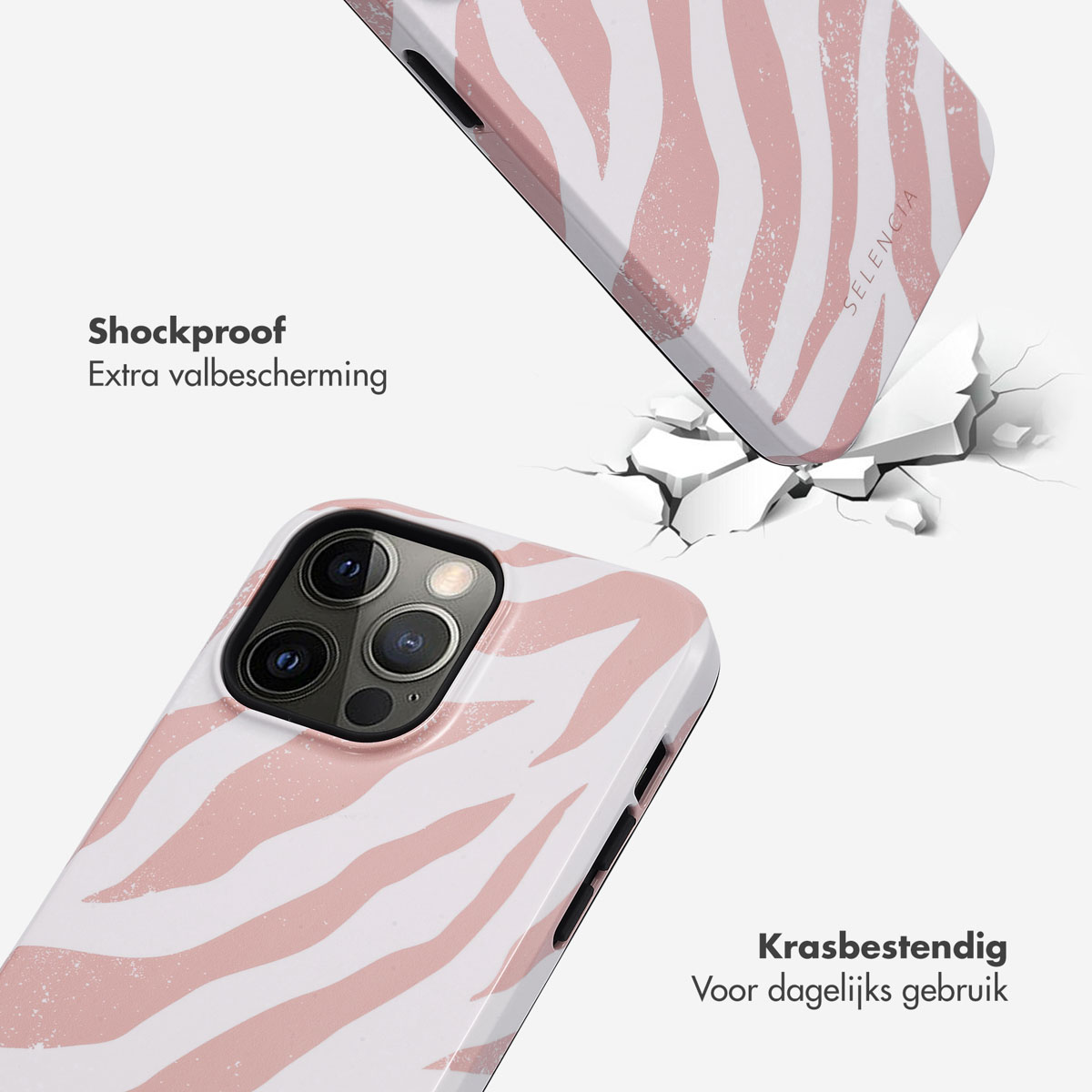 Telefoonhoesje met zebraprint en een telefoon. Een hoesje breekt.