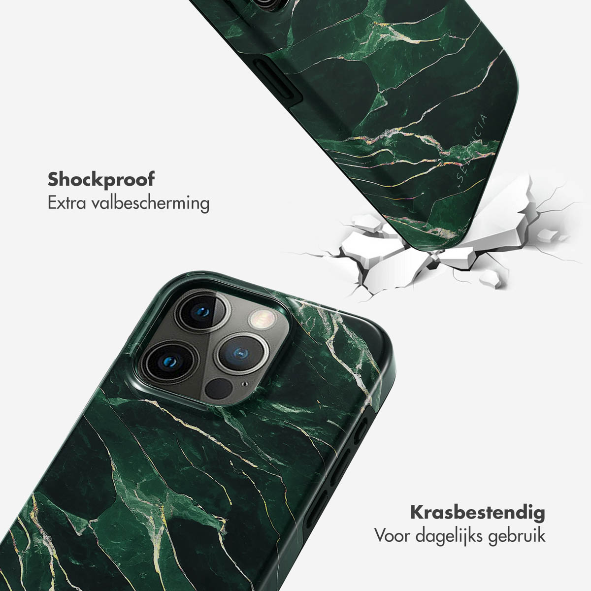 Twee groene marmeren iPhone hoesjes breken door witte grond.