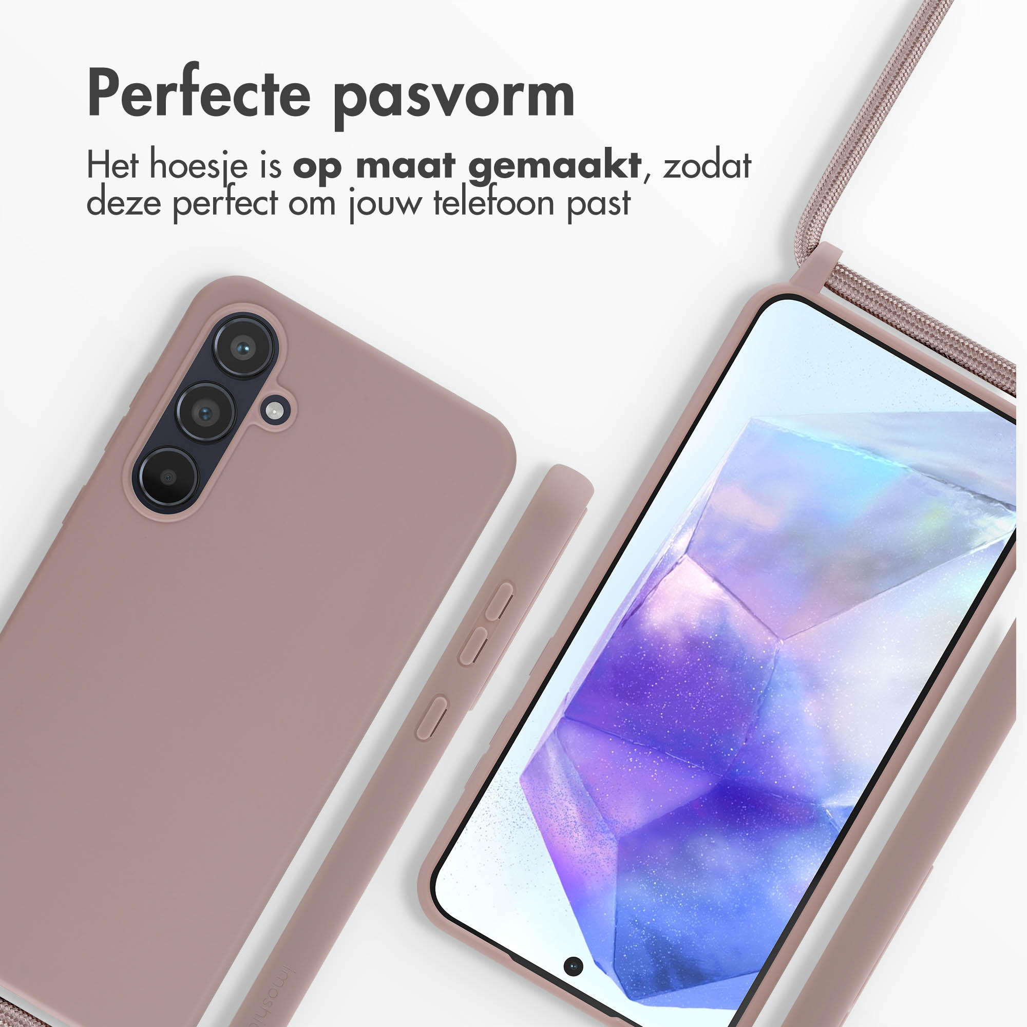 Een roze telefoonhoesje met koord en telefoon. Het hoesje heeft drie cameralenzen.