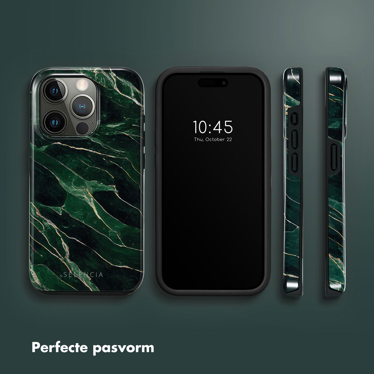 Afbeelding toont drie telefoons en twee telefoonhoesjes. De hoesjes en één telefoon hebben een groen marmerontwerp. De andere telefoon heeft een zwart scherm.