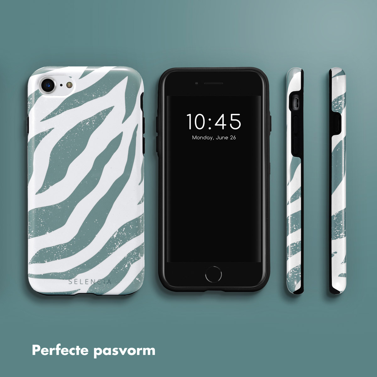 Wit en blauw zebraprint telefoonhoesje met een telefoon die de tijd weergeeft. Hoesjes weergegeven vanuit meerdere hoeken.