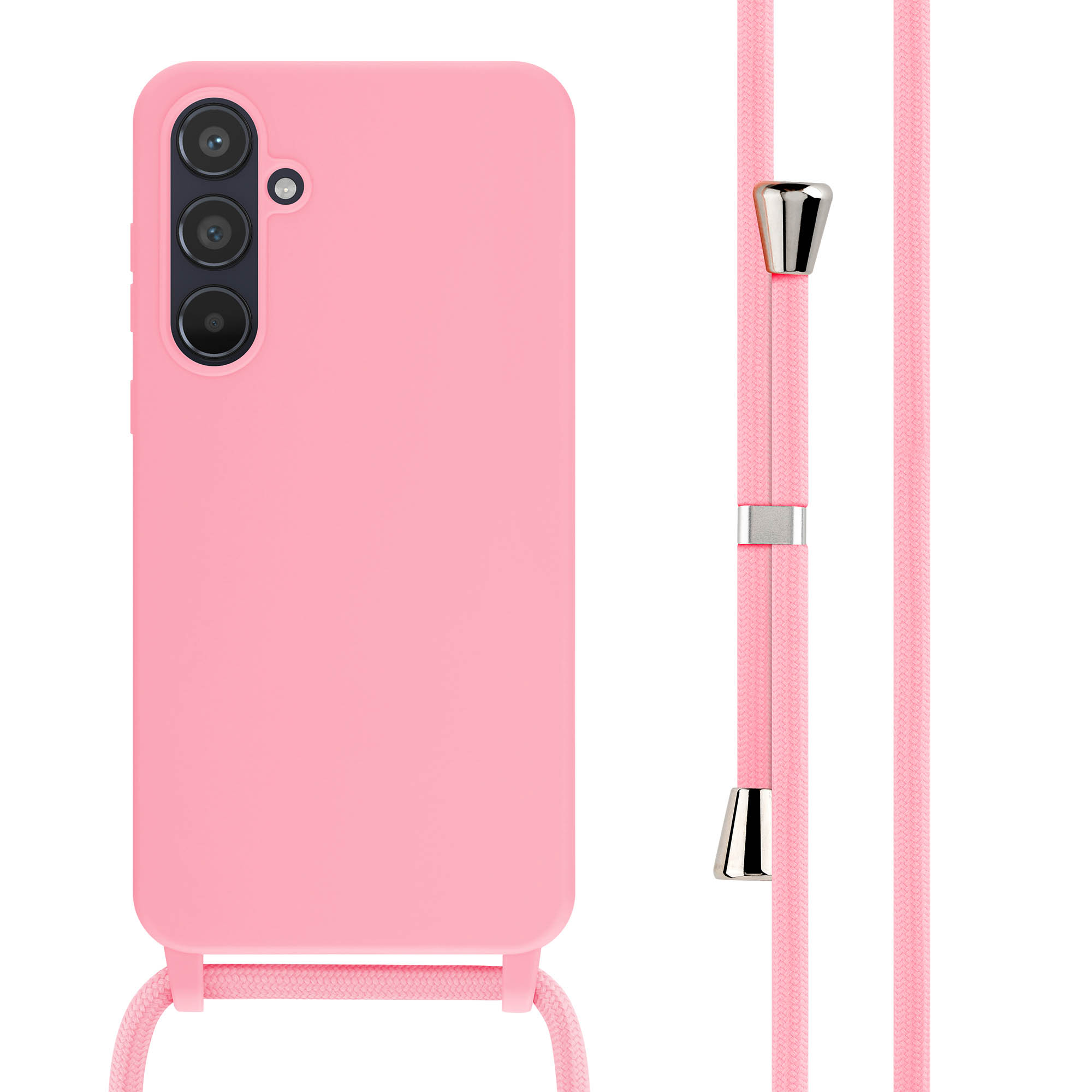 Roze telefoon met een roze koord. De achtergrond is wit.