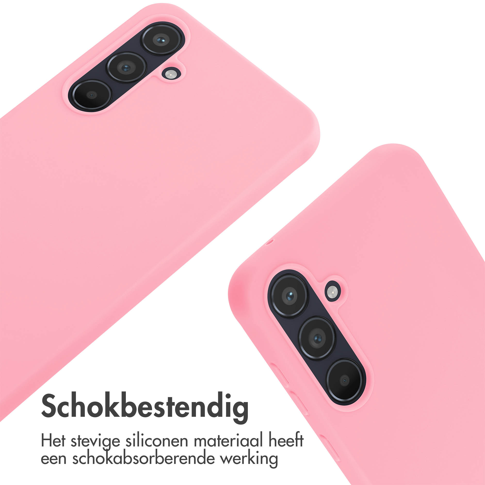 Roze telefoonhoesjes. De hoesjes liggen op een wit oppervlak.