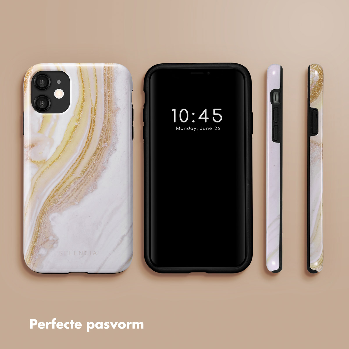 Coque de téléphone en marbre blanc et doré avec un téléphone affichant l'heure. Étuis affichés sous plusieurs angles.