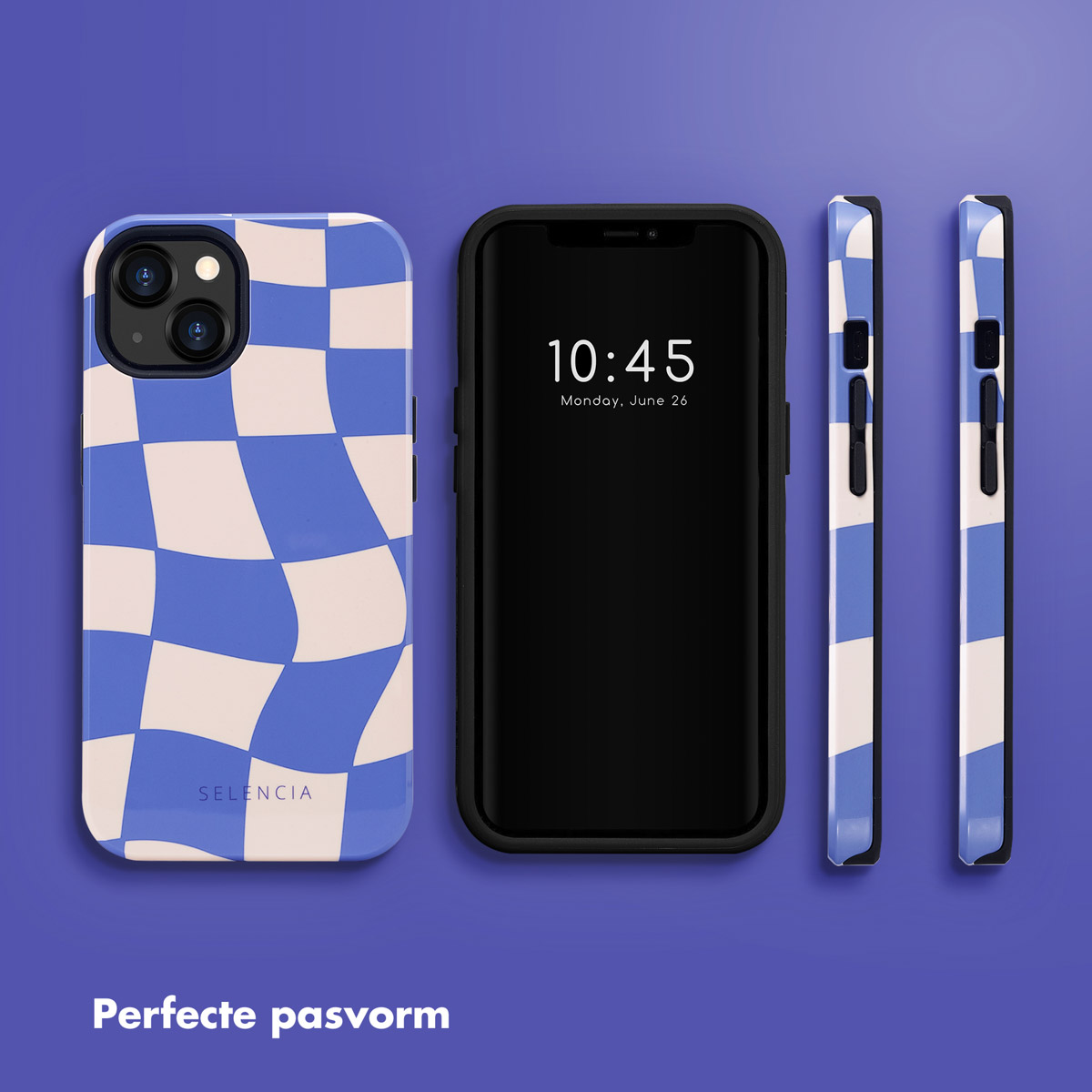 Telefonhülle mit blau-weißem Karomuster. Der Telefonbildschirm zeigt Uhrzeit und Datum. Seitenansicht der Hülle.