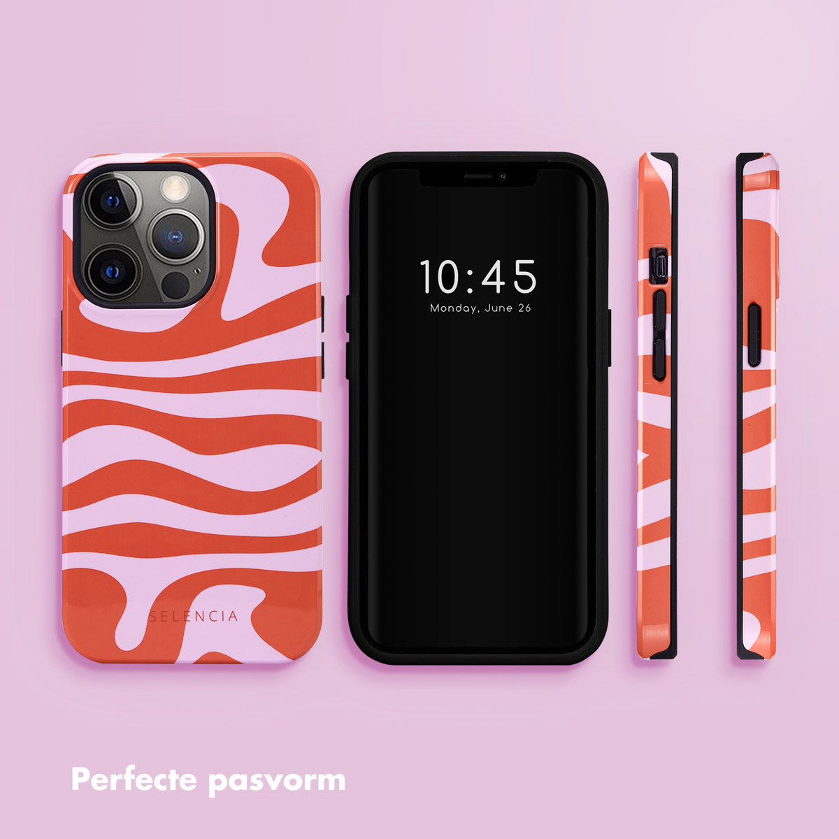 Un smartphone avec une coque de téléphone à motif orange et rose pâle.