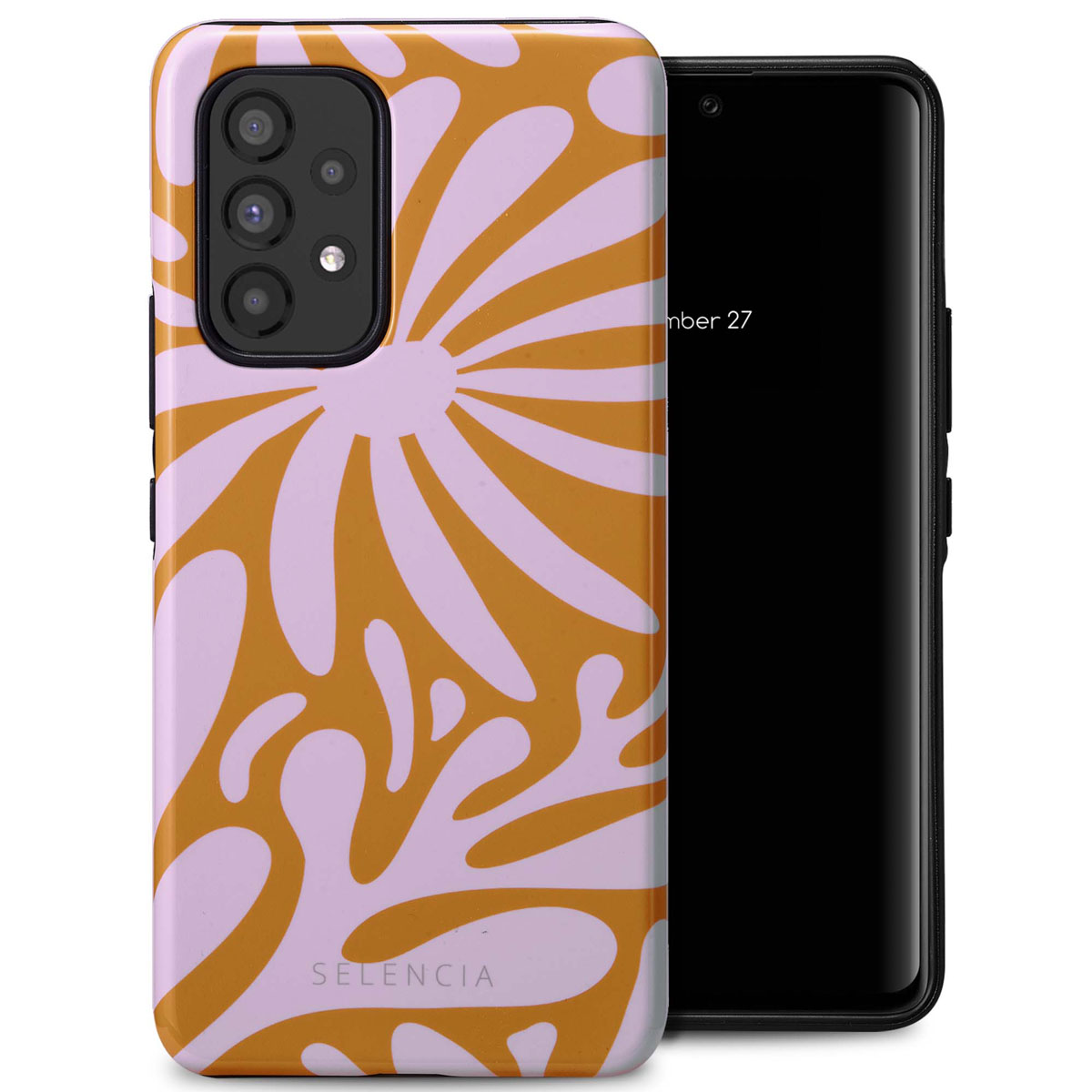 Telefoonhoesje met een mosterdgeel en lichtroze bloemenpatroon naast een telefoon.