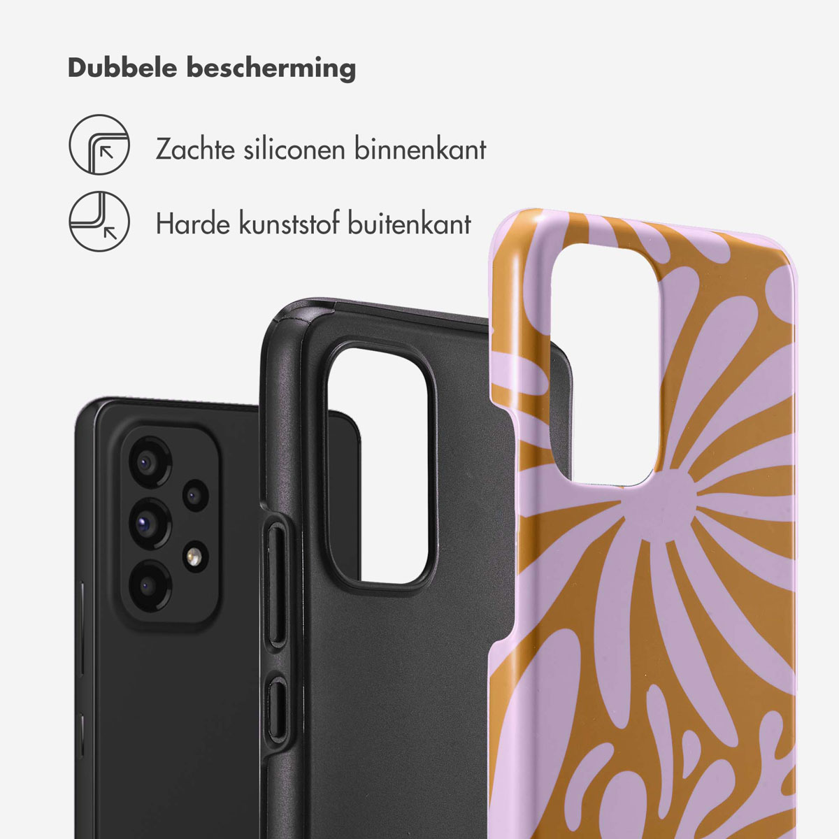 Drie telefoonhoesjes: een zwarte telefoon met een bloemenontwerp aan de zijkant en twee hoesjes.