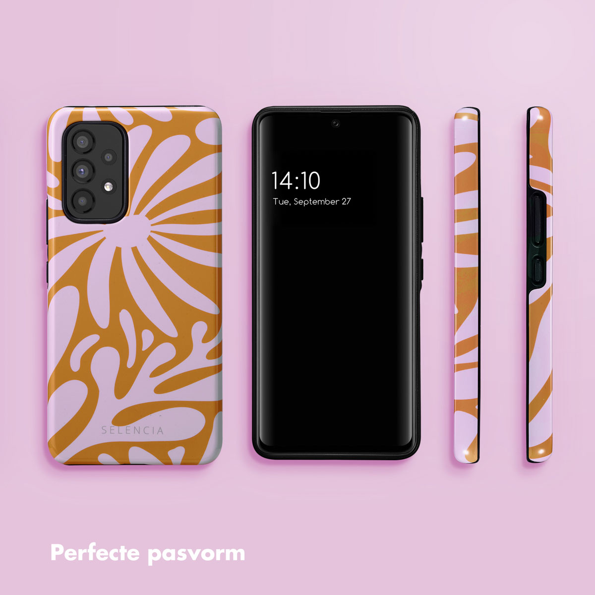 Een smartphone met een bloemenpatroon hoesje op roze achtergrond.