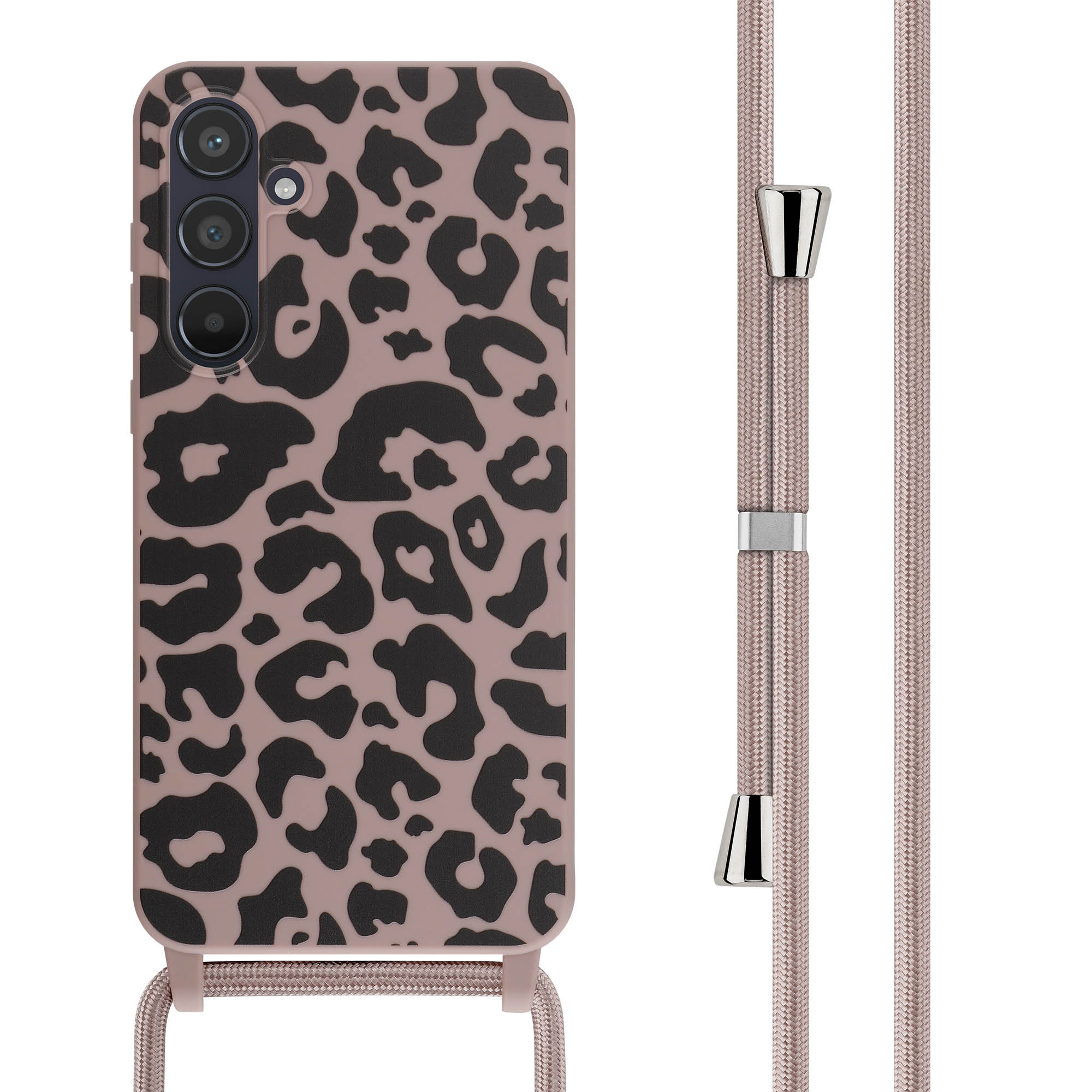 Téléphone avec coque à imprimé léopard et sangle assortie. La sangle a des détails métalliques. Coque rose et noire.
