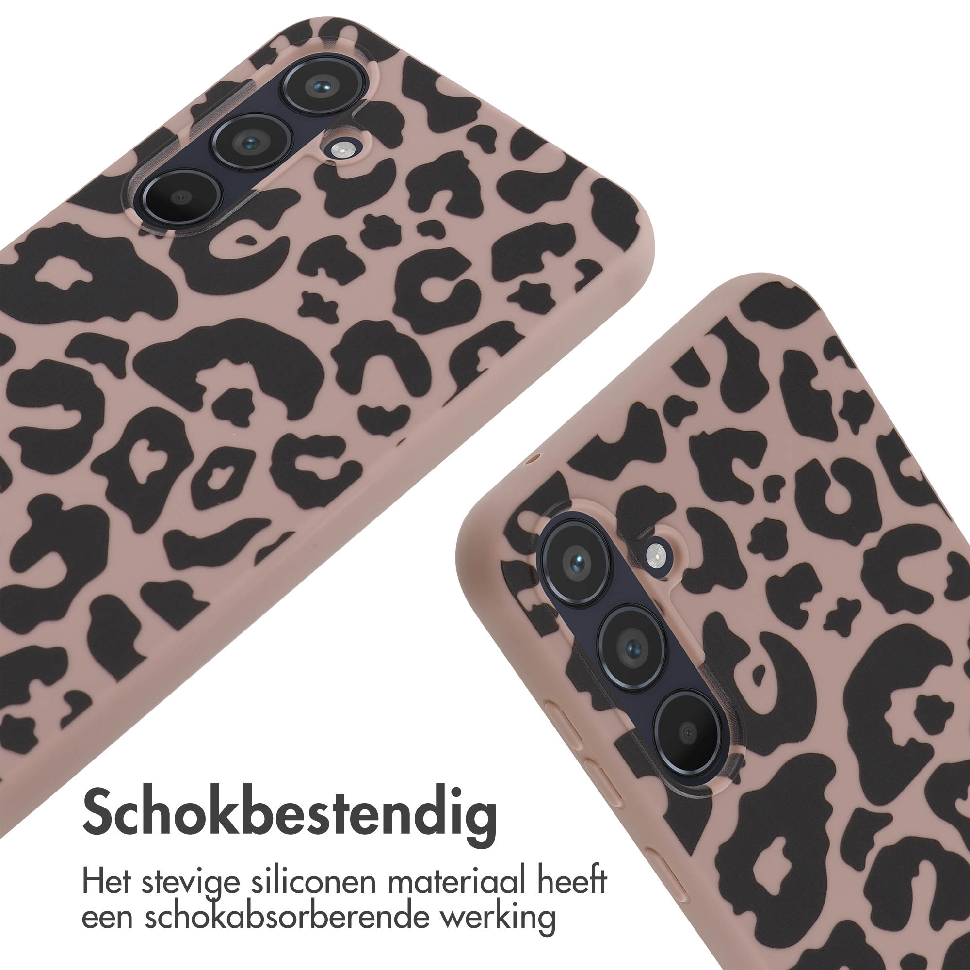 Coques de téléphone avec imprimé léopard, antichoc, avec texte en néerlandais.