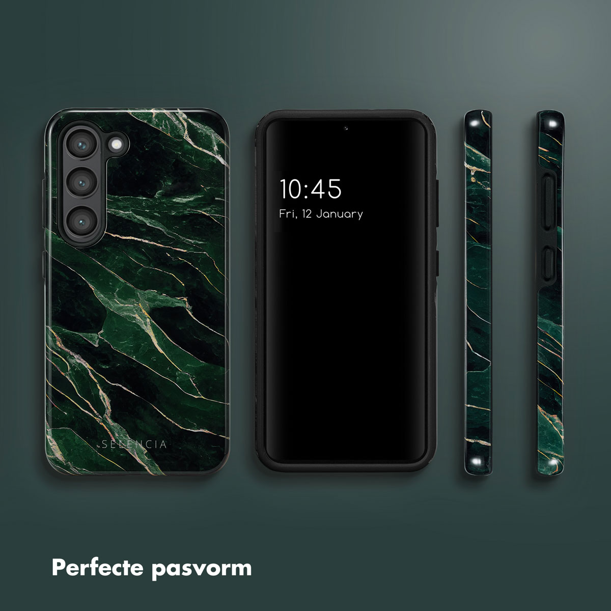 Trois téléphones, un avec une coque au design marbre vert.