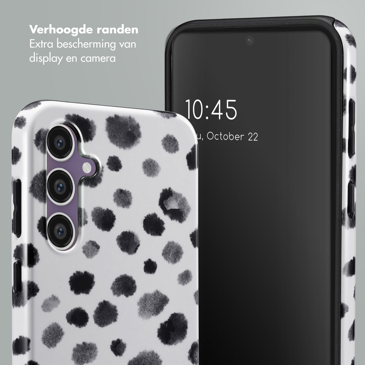Un téléphone avec une coque léopard et un écran sombre.