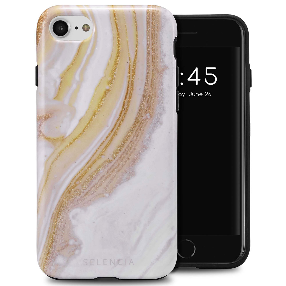 Witte telefoonhoes met marmerpatroon. De telefoon is zwart en toont de tijd. De hoes is wit met goud.