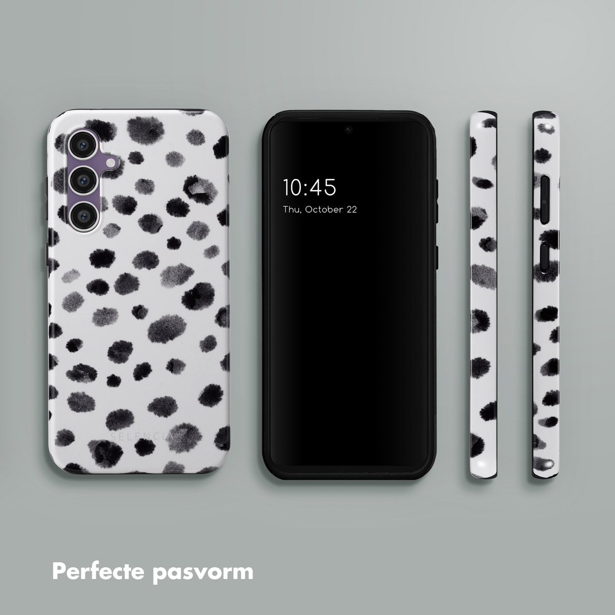 Coque de téléphone à pois noirs et blancs avec un téléphone affichant l'heure. Étuis affichés sous plusieurs angles.