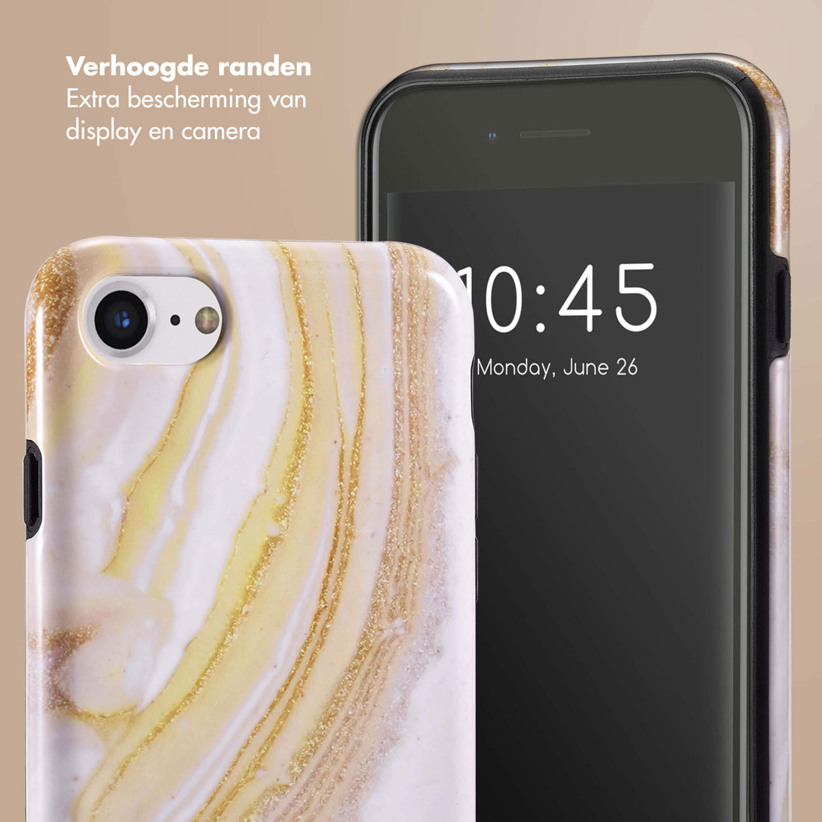 Telefoon met marmeren telefoonhoesje. Tekst: Extra bescherming voor display en camera. Tijd 10:45, maandag 26 juni.