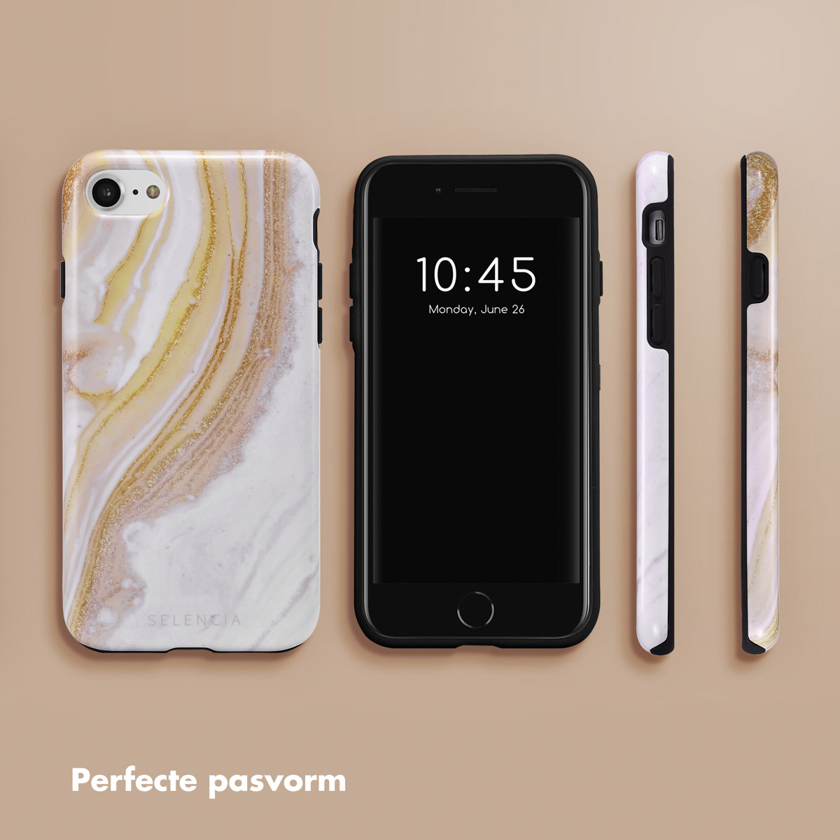 Een telefoon en de hoes met een wit marmer design en gouden accenten, de hoes wordt vanuit verschillende hoeken getoond.