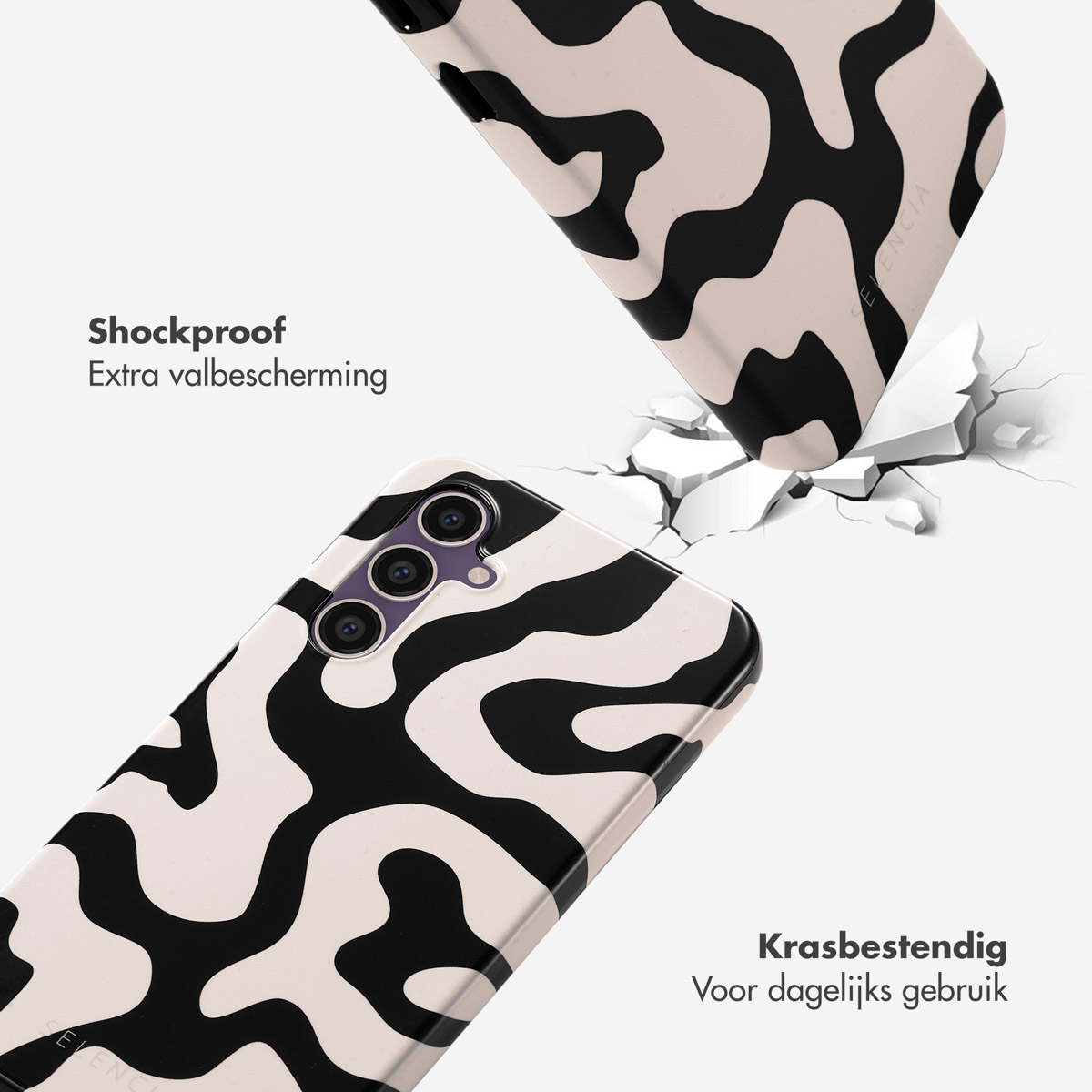 Coque avec motif abstrait noir et crème clair tombant, brisant une surface.