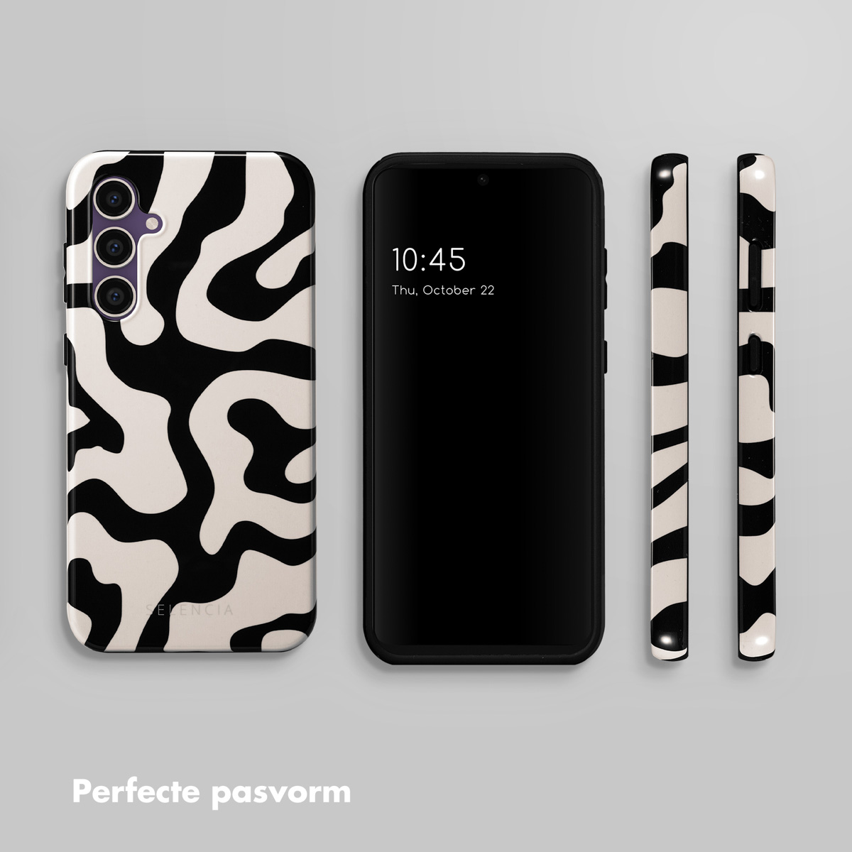 Coque de téléphone avec motif ondulé noir et blanc. Téléphone avec écran noir, heure visible.