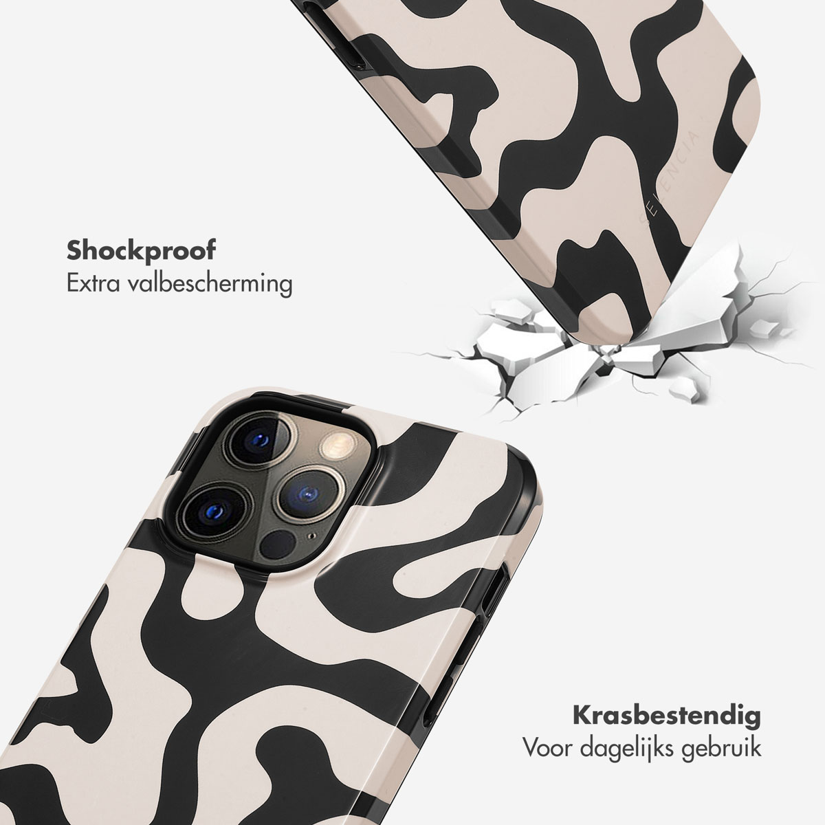 Telefoonhoesje, zwart-wit golfpatroon. Hoesje breekt. Tekst: Schokbestendig, Extra valbescherming, krasbestendig.
