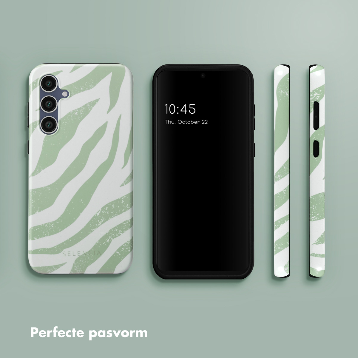 Een telefoon en zijn hoesje, met het scherm van de telefoon en het ontwerp van het hoesje.
