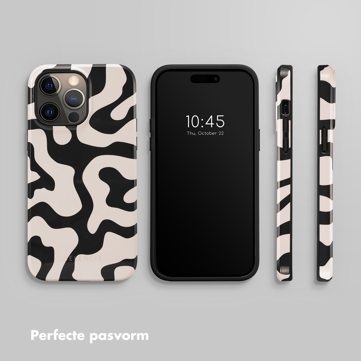 Telefoonhoesje met zwart-wit golvend ontwerp. Telefoon in het midden, hoesonderdelen aan de zijkanten. Lichte achtergrond.
