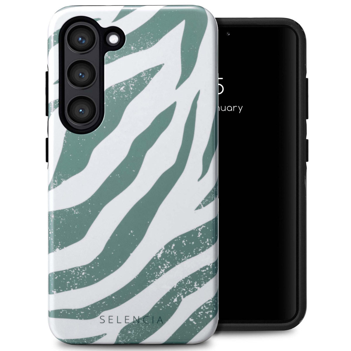 Téléphone avec étui à imprimé zèbre. L'étui est blanc avec des rayures vertes. Le téléphone est noir.