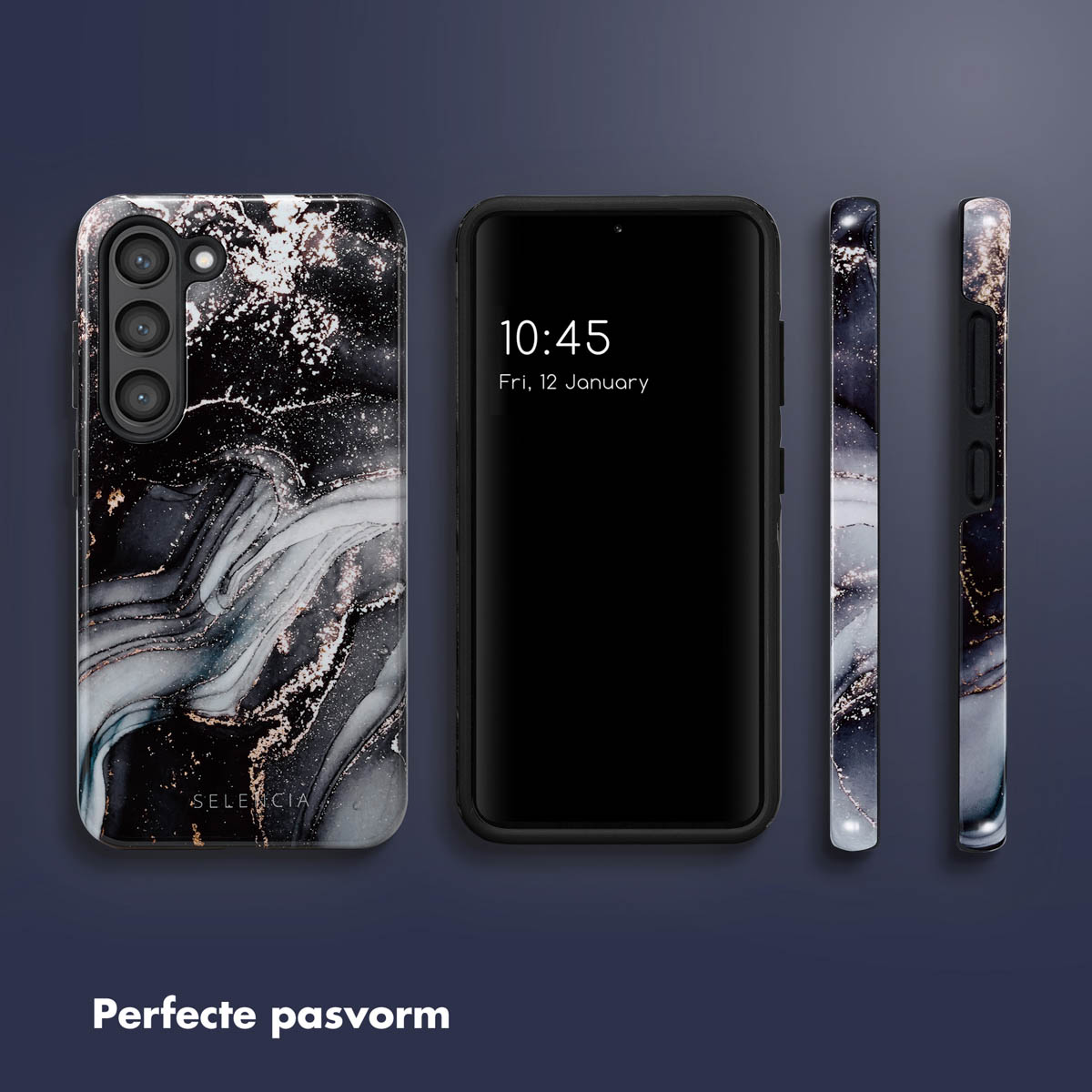 Trois téléphones, un avec une coque design marbre noir.