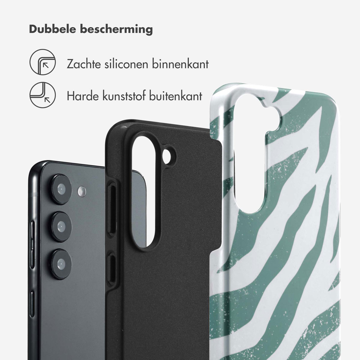 Coque de téléphone à imprimé zébré vert avec composants de coque de téléphone. Coque de téléphone partiellement démontée.