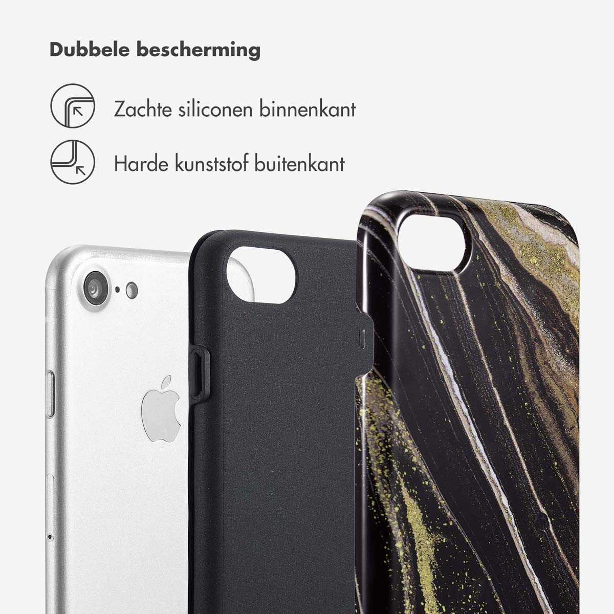 Trois coques de téléphone : un téléphone argenté, une coque noire et une coque en marbre noir et or.
