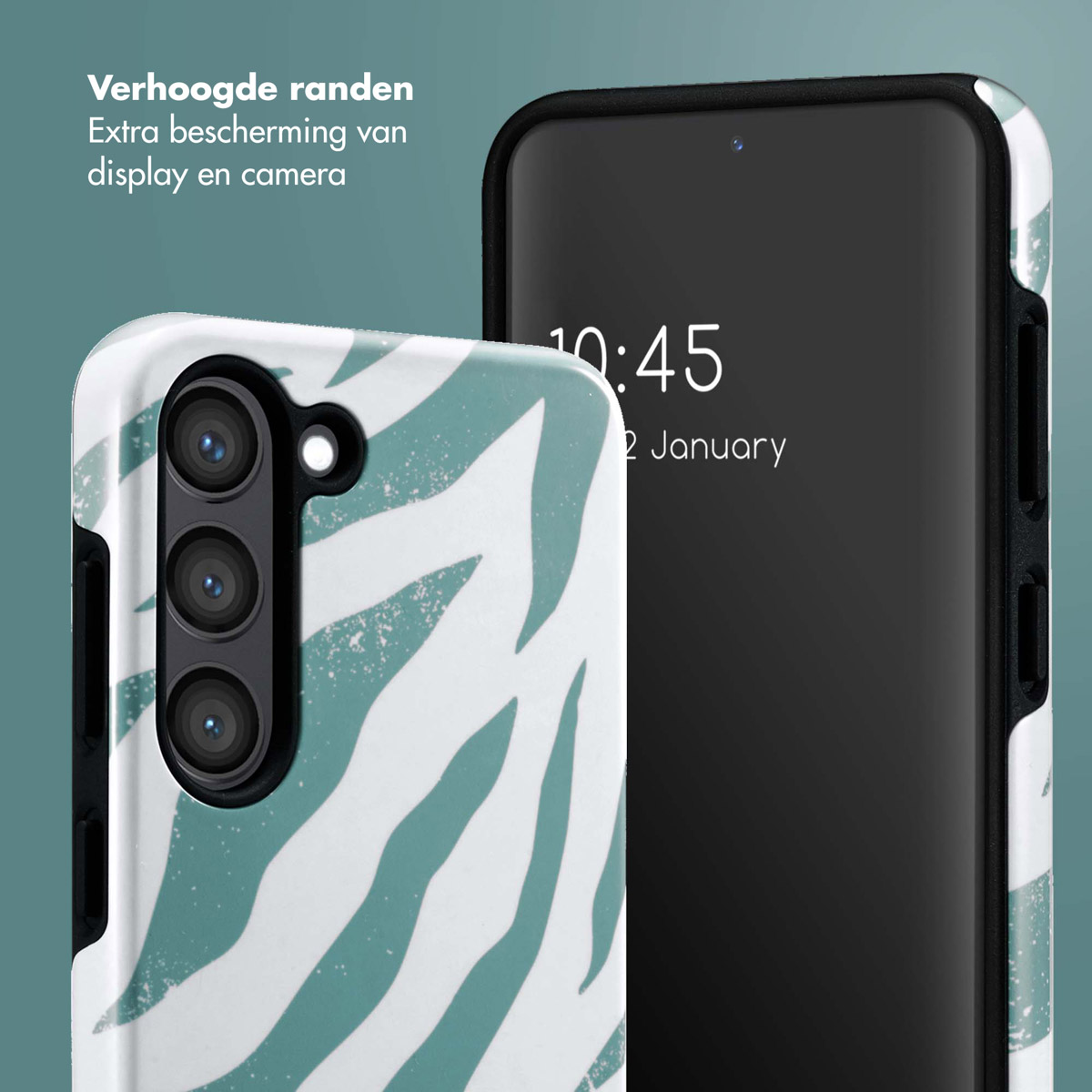 Un téléphone avec une coque à motif zébré et un téléphone avec un écran noir affichant l'heure sont présentés.