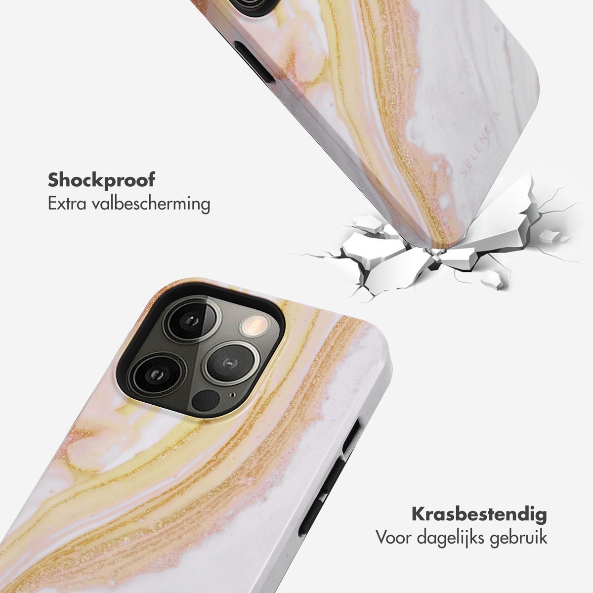 Twee telefoonhoesjes worden getoond met een gebroken oppervlak eronder, één versplinterd.