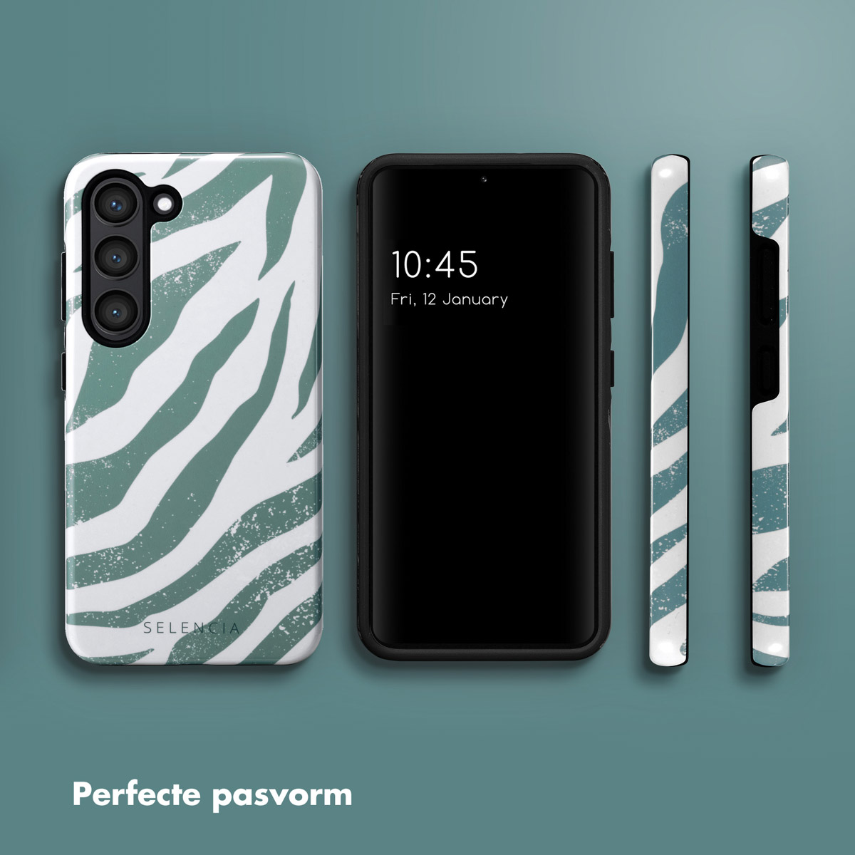 Téléphone et coques. Téléphone et trois coques avec un motif zébré. Le téléphone a l'écran allumé.