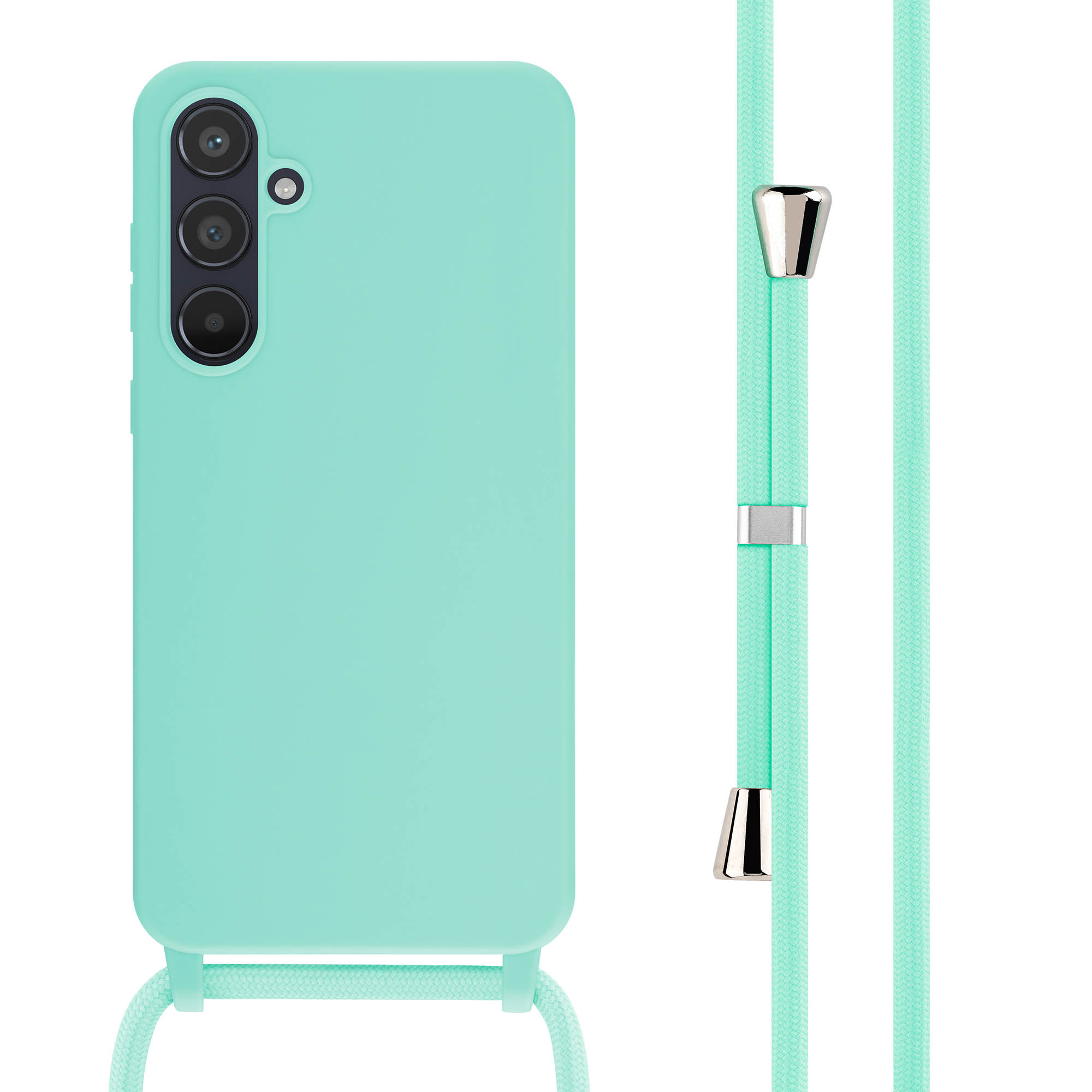Een mintgroene telefoonhoes met bijpassend koord op een witte achtergrond.