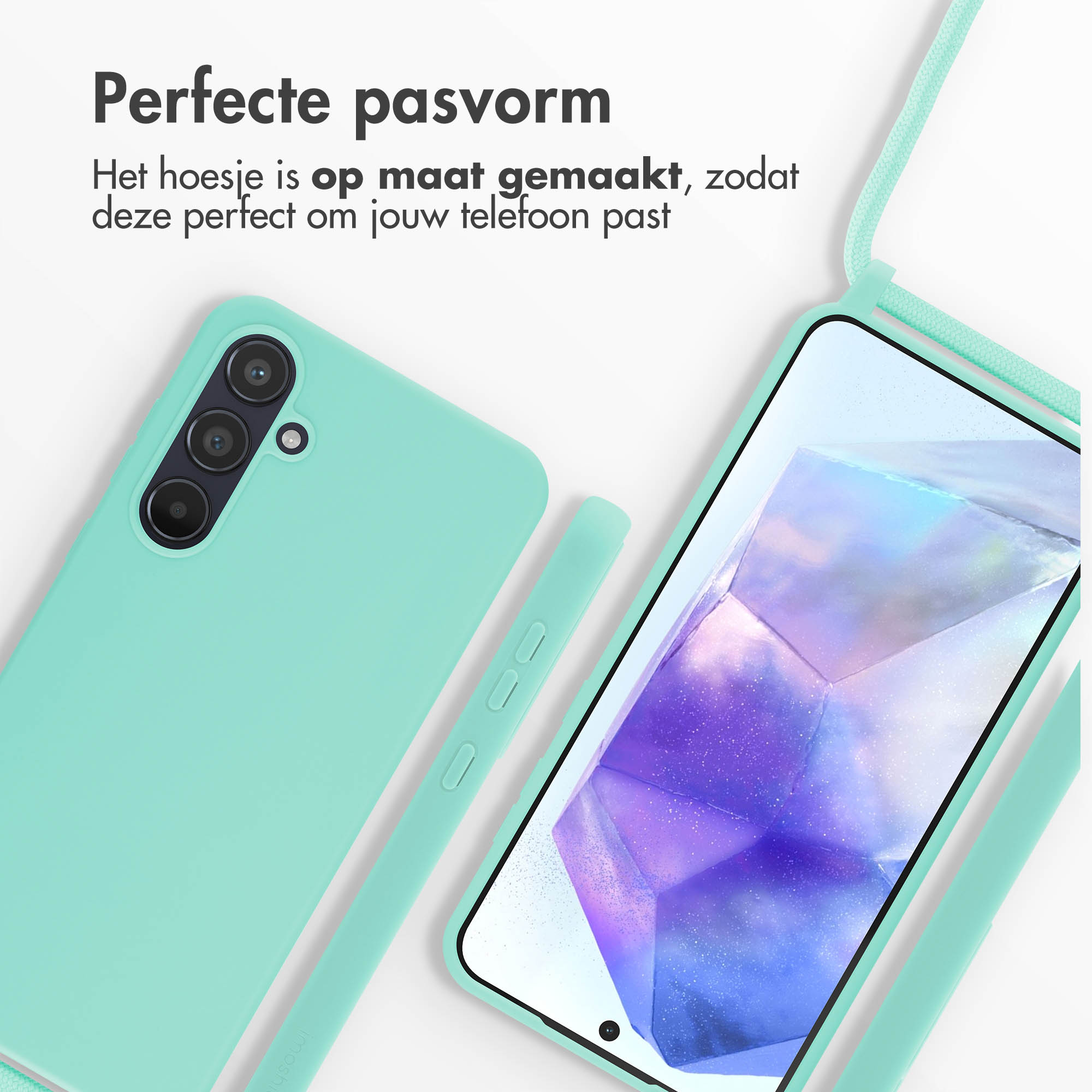 Mintgroen telefoonhoesje met een koord. Telefoon zit in de hoes. Mintgroene achtergrond.