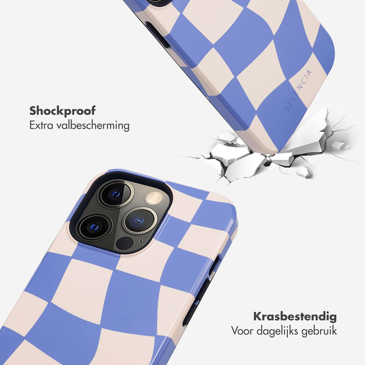 Telefoonhoesjes met dambordpatroon, schokbestendig, met Nederlandse tekst.