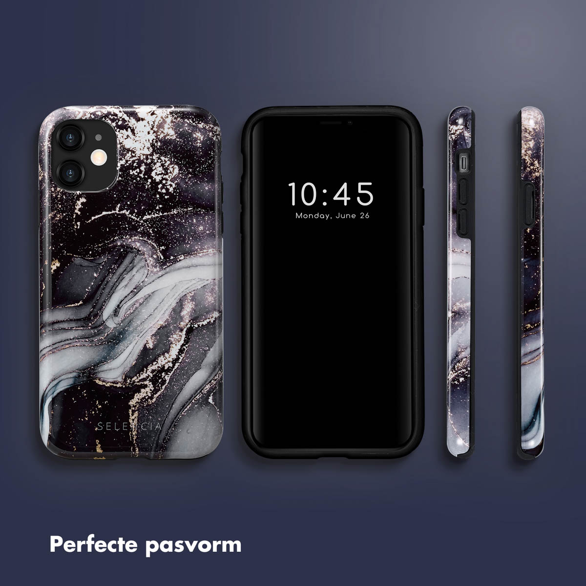 Telefoon met marmerachtig hoesje. Tijd 10:45, donderdag 22 oktober. Zijaanzichten van het hoesje.