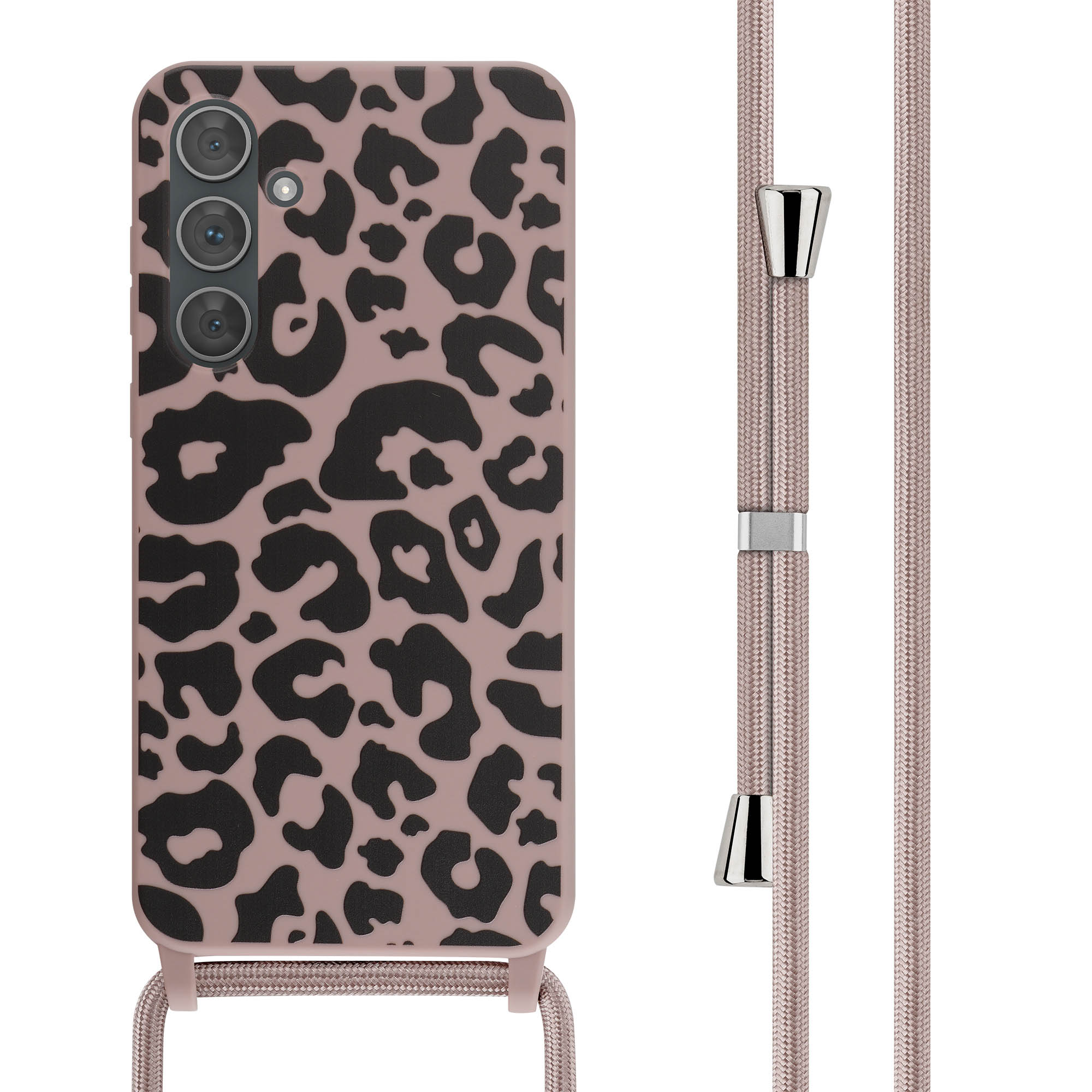 Coque de téléphone rose avec imprimé léopard noir. Une lanière assortie est attachée.
