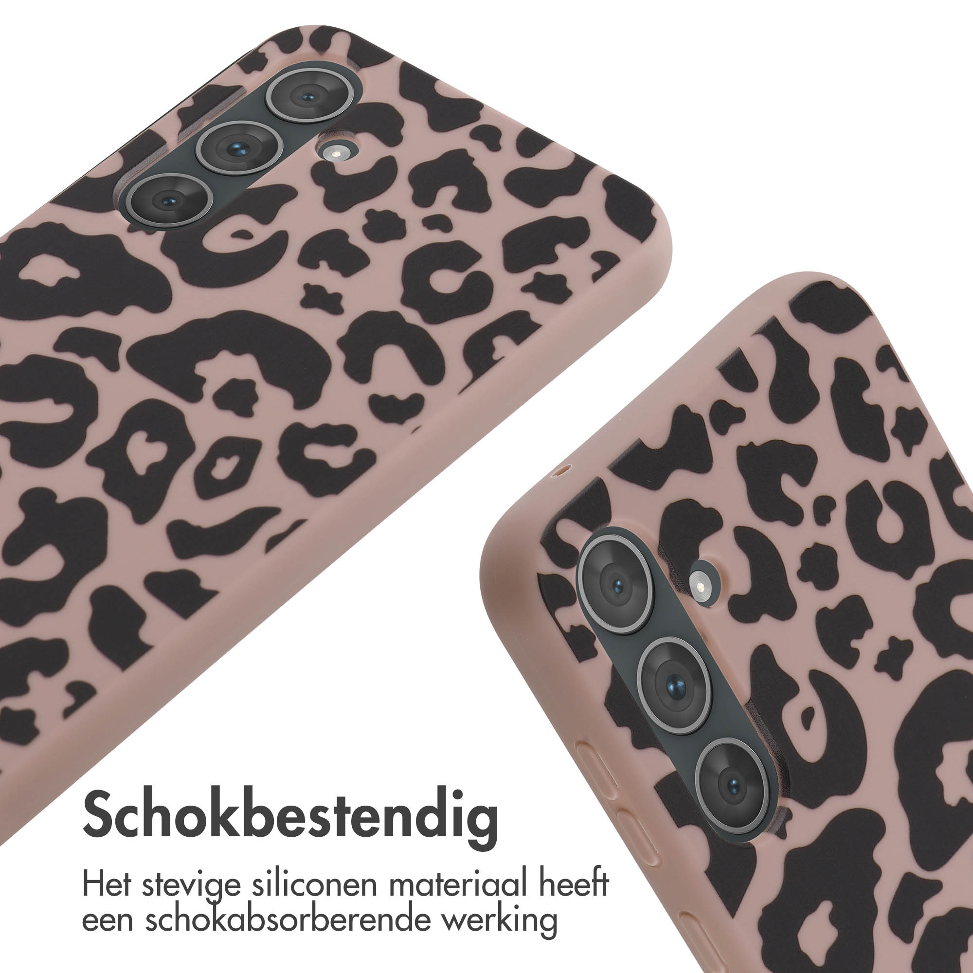 Deux coques de téléphone avec un imprimé léopard. Les coques sont sur une surface blanche. Les couleurs sont rose et noir.