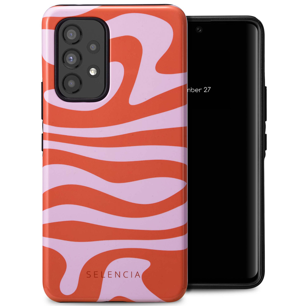 Coque de téléphone avec motif ondulé orange et rose. Un téléphone noir à droite.